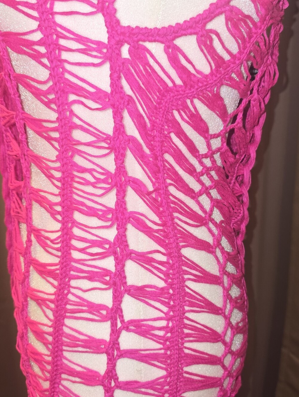 Hot Pink Crochet Fringe Swim Cover-Up Dress - Women Swim - Picture 4 of 5